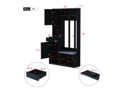 Roupeiro preto com 2 portas, 1 gaveta, 4 ganchos e 1 banco, 100x30x180cm