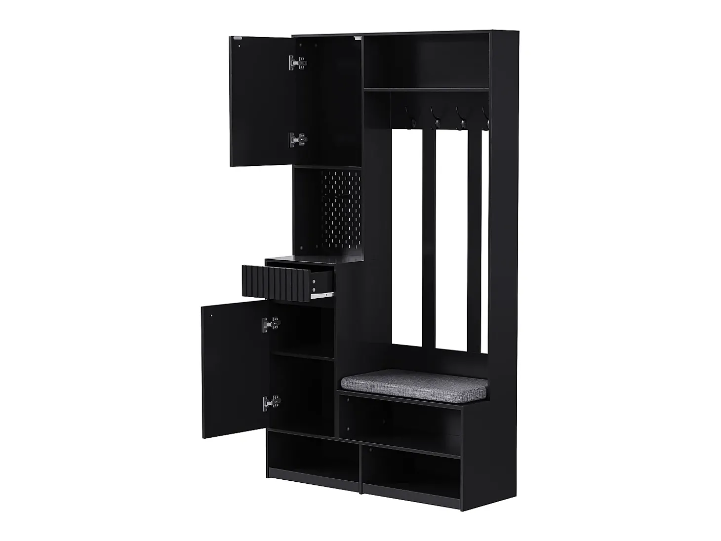 Roupeiro preto com 2 portas, 1 gaveta, 4 ganchos e 1 banco, 100x30x180cm