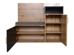 Roupeiro preto e madeira com espelho, 2 portas, banco e 4 ganchos 105x40x191,5cm