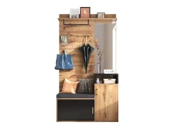 Roupeiro preto e madeira com espelho, 2 portas, banco e 4 ganchos 105x40x191,5cm