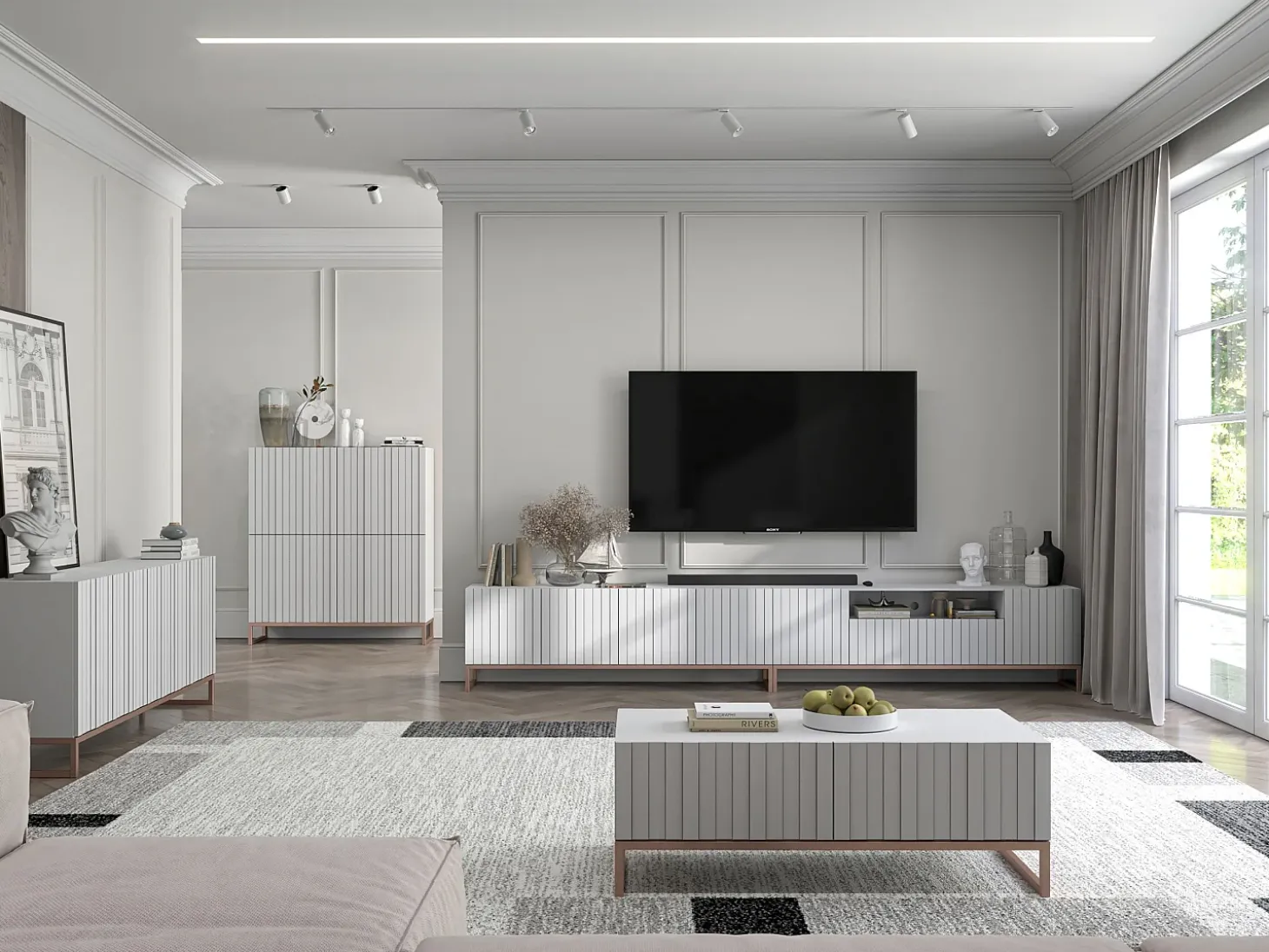 Salontafel met 2 deuren – Matwitte kast, geribde matwitte fronten – 110 cm, metalen frame