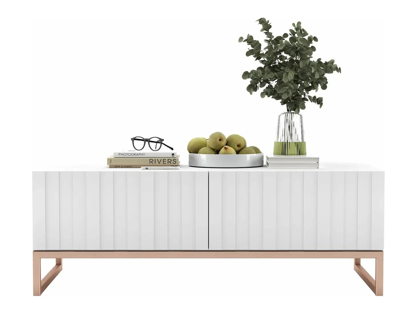 Salontafel met 2 deuren – Matwitte kast, geribde matwitte fronten – 110 cm, metalen frame