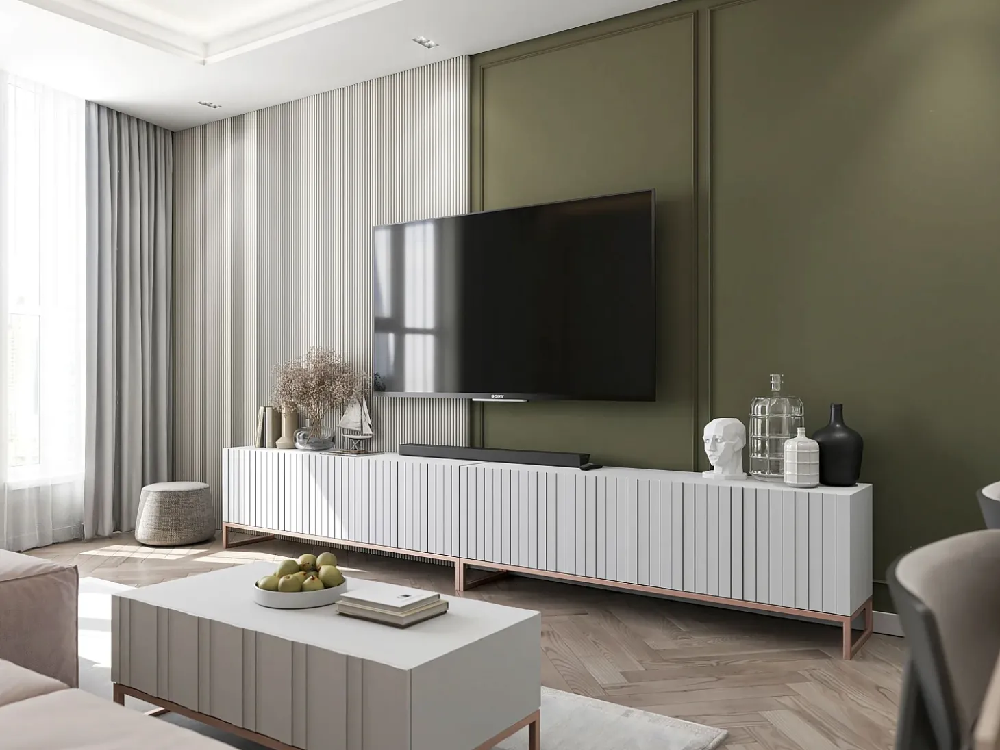 Salontafel met 2 deuren – Matwitte kast, geribde matwitte fronten – 110 cm, metalen frame