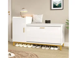 Sapateira - 100 x 38 x 68 cm - com 2 compartimentos + 1 porta + assento estofado - branco e dourado - metal + aglomerado