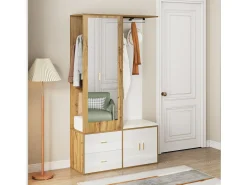 Sapateira + banco + roupeiro com espelho - 2 portas e 2 gavetas - 100x38x180cm - Aglomerado - Branco e natural