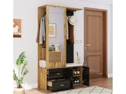 Sapateira + banco + roupeiro com espelho - 2 portas e 2 gavetas - 100x38x180cm - Aglomerado - Preto e natural