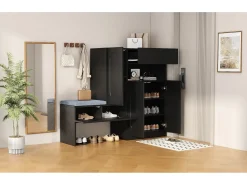 Sapateira 2 em 1 - 130 x 35 x 110 cm - com 3 portas + banco acolchoado - aglomerado - preto