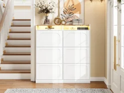 Sapateira com 6 compartimentos rebatíveis + LEDs + 2 prateleiras abertas - 120 x 24 x 130 cm - MDF - branco + natural