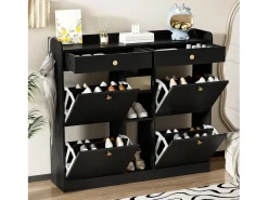 Sapateira com 2 gavetas, 3 compartimentos abertos e 4 portas de batente - 110 x 26 x 100 cm - Aglomerado - Preto
