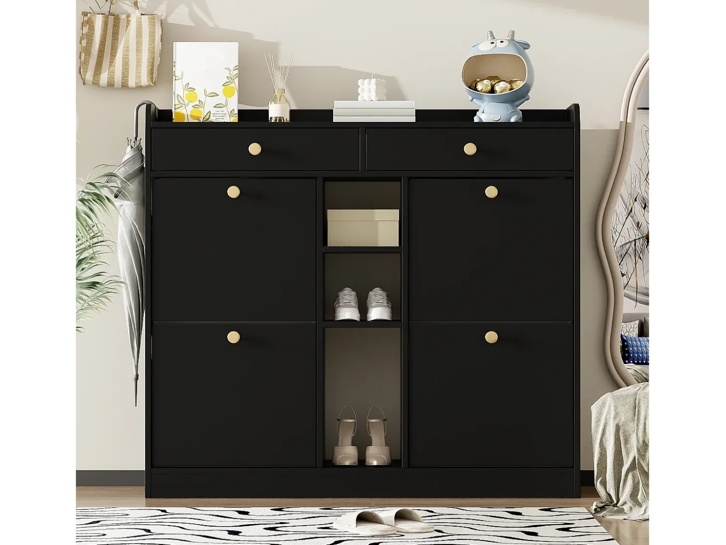 Sapateira com 2 gavetas, 3 compartimentos abertos e 4 portas de batente - 110 x 26 x 100 cm - Aglomerado - Preto
