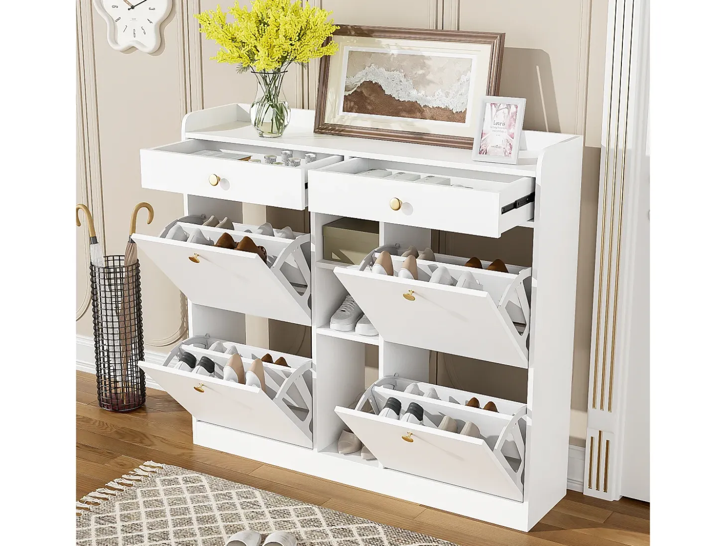 Sapateira com 2 gavetas, 3 compartimentos abertos e 4 portas de batente - 110 x 26 x 100 cm - Aglomerado - Branco