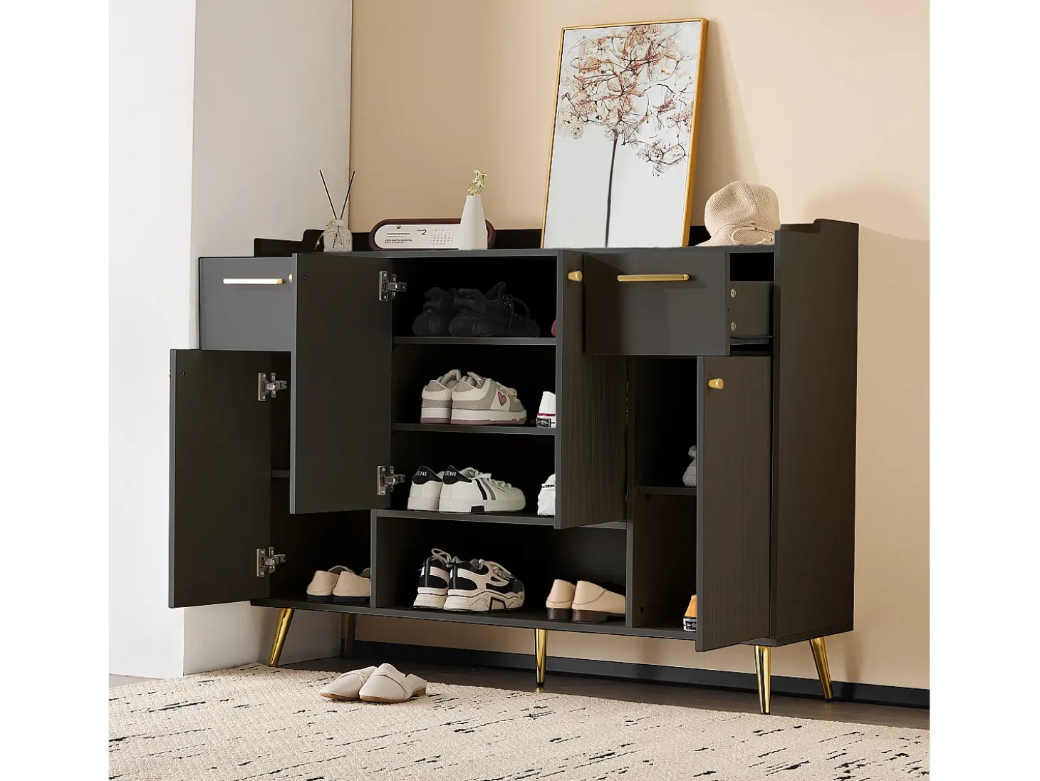 Sapateira com 2 gavetas e 4 portas - 130 x 37 x 100 cm - pés metálicos e aglomerado - Preto