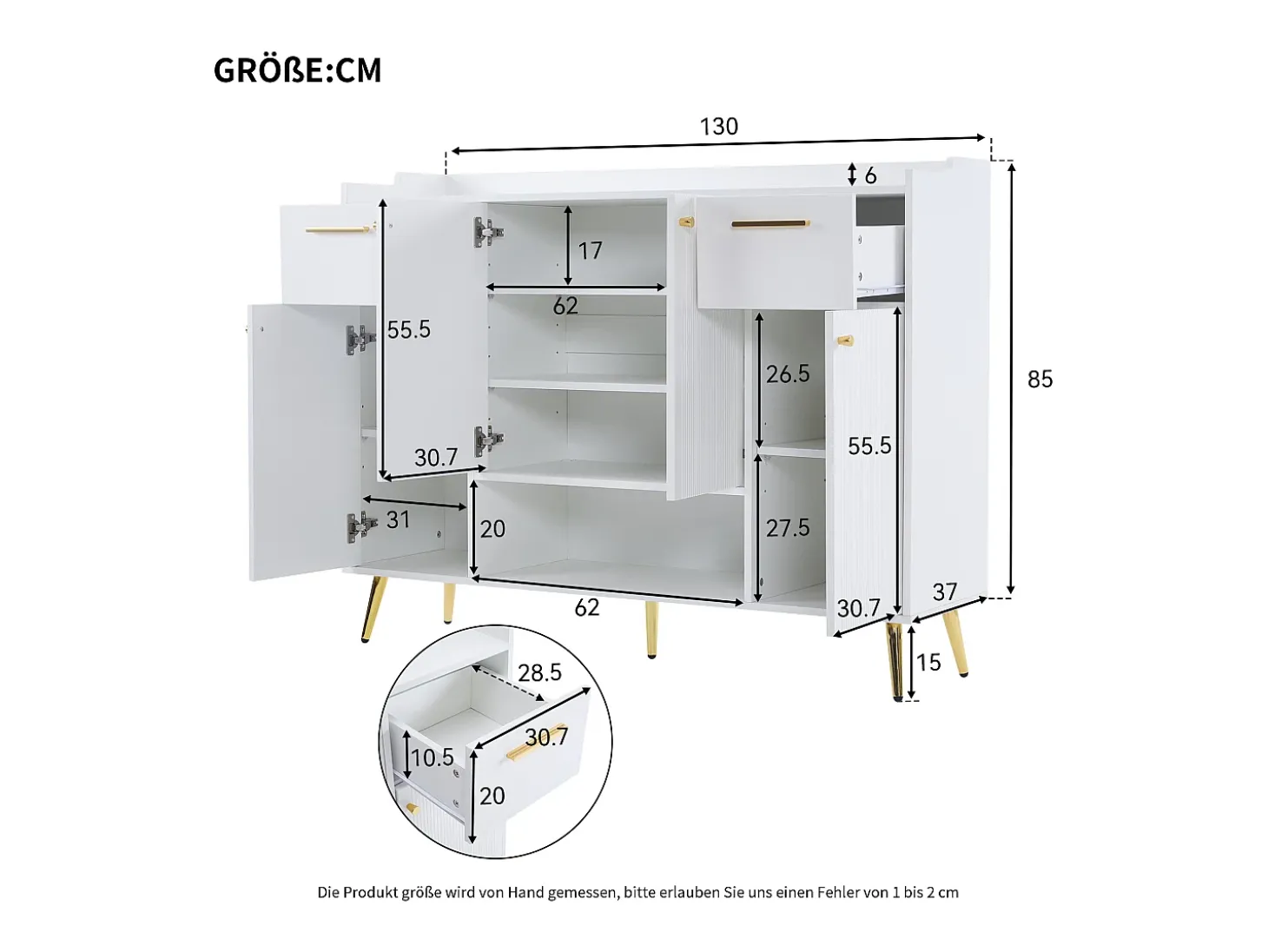 Sapateira com 2 gavetas e 4 portas - 130 x 37 x 100 cm - pés metálicos e aglomerado - Branco