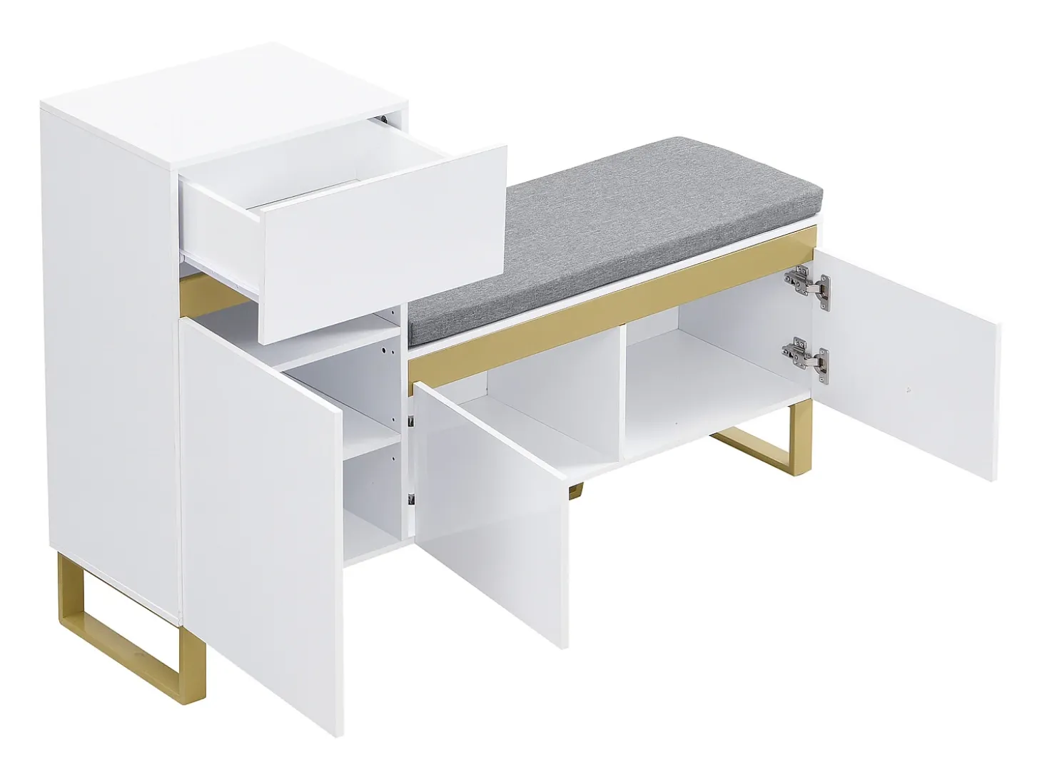 Sapateira com 3 portas, 1 gaveta e almofada - Branca e dourada