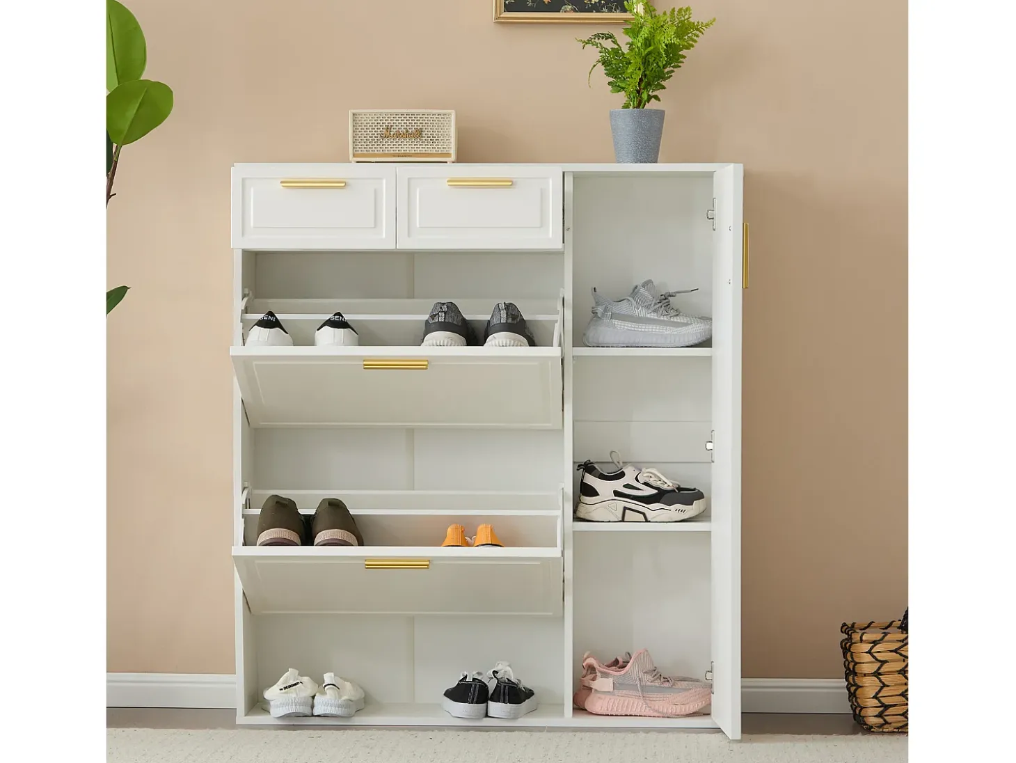 Sapateira com 3 portas e 2 gavetas - 95 x 24 x 107,5 cm - Prateleiras reguláveis - Aglomerado - Branco