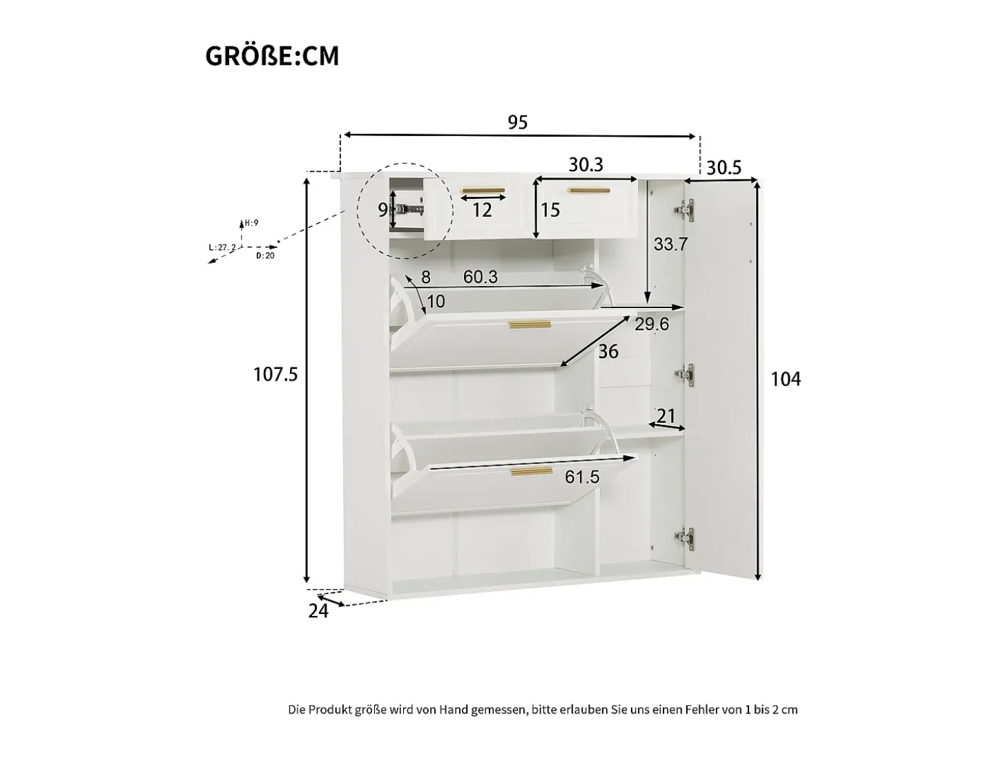Sapateira com 3 portas e 2 gavetas - 95 x 24 x 107,5 cm - Prateleiras reguláveis - Aglomerado - Branco