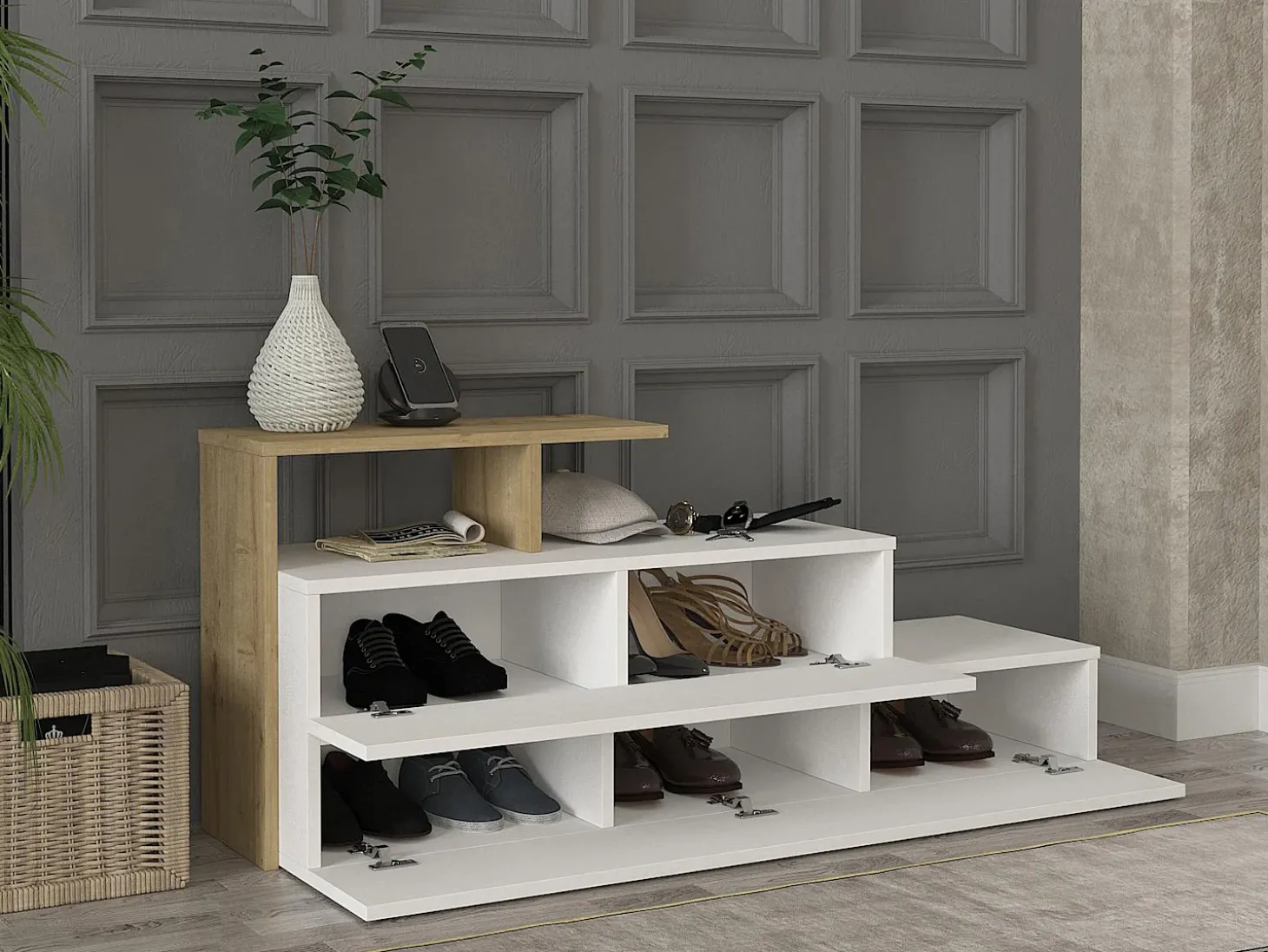 Sapateira com 2 portas e 1 prateleira - Branco e Natural - DAVISTA