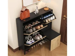 Sapateira com 3 portas e banco embutido - Preto e natural