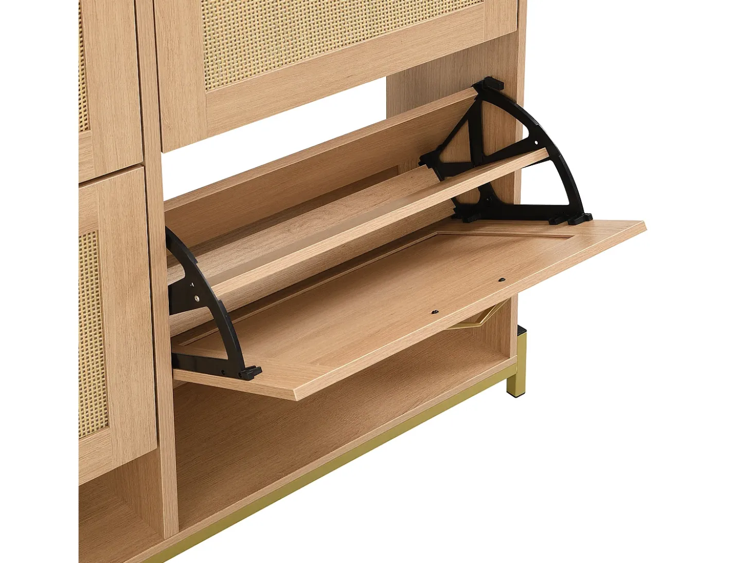 Sapateira com 4 portas em rattan - Base em metal - Cor carvalho claro