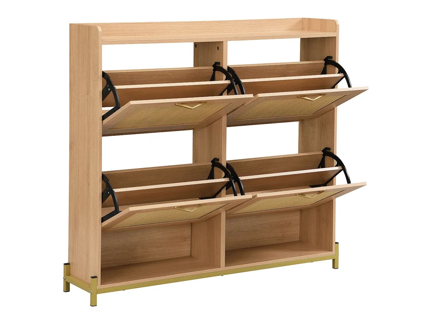 Sapateira com 4 portas em rattan - Base em metal - Cor carvalho claro