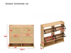 Sapateira com 4 portas em rattan - Base em metal - Cor carvalho claro