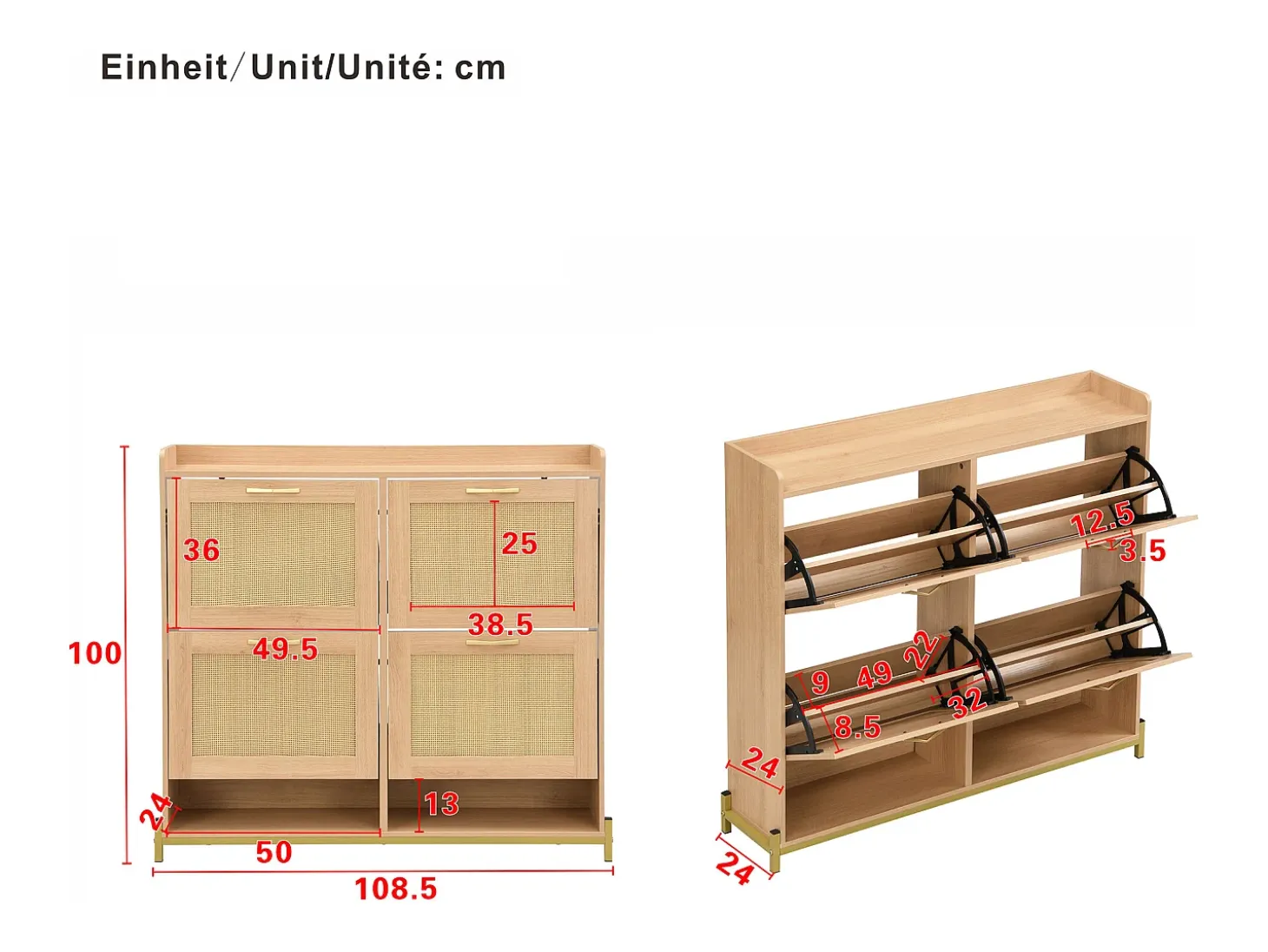 Sapateira com 4 portas em rattan - Base em metal - Cor carvalho claro
