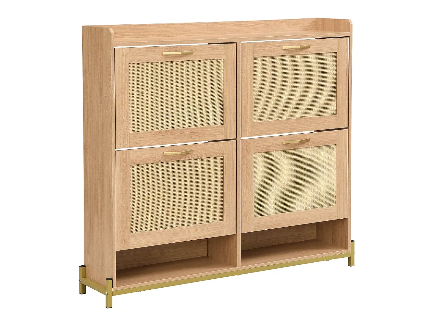 Sapateira com 4 portas em rattan - Base em metal - Cor carvalho claro
