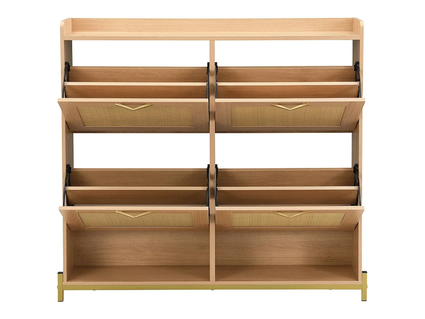 Sapateira com 4 portas em rattan - Base em metal - Cor carvalho claro