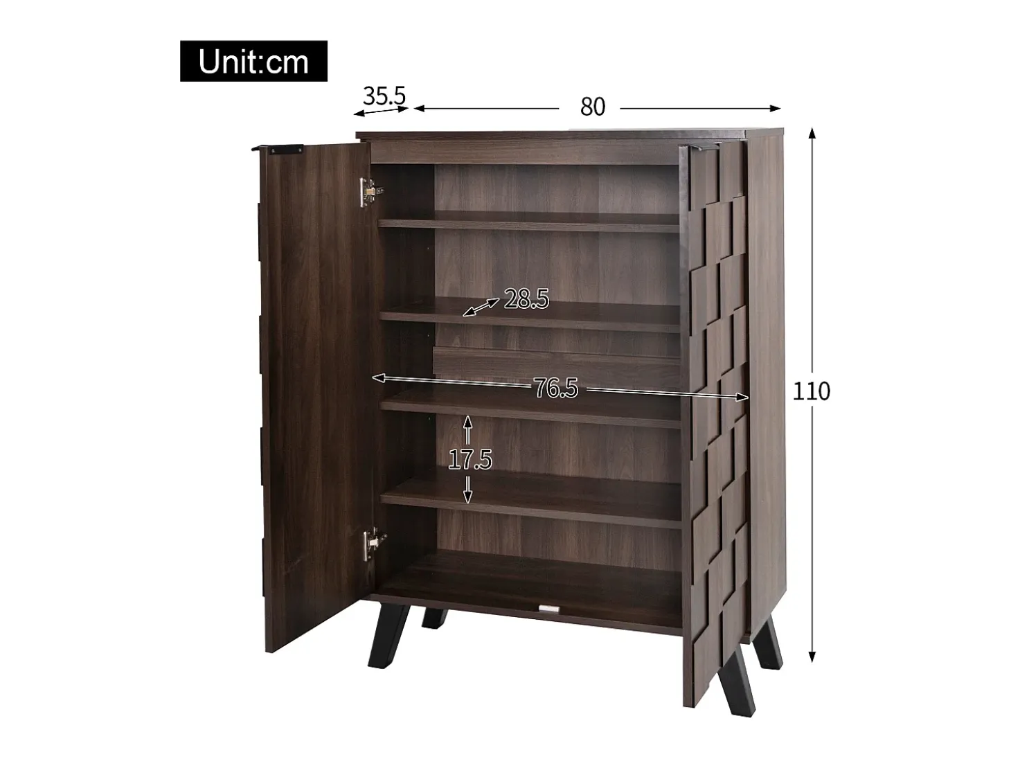 Sapateira com 5 prateleiras em madeira escura, 80 x 35,5 x 110 cm - prateleiras ajustáveis