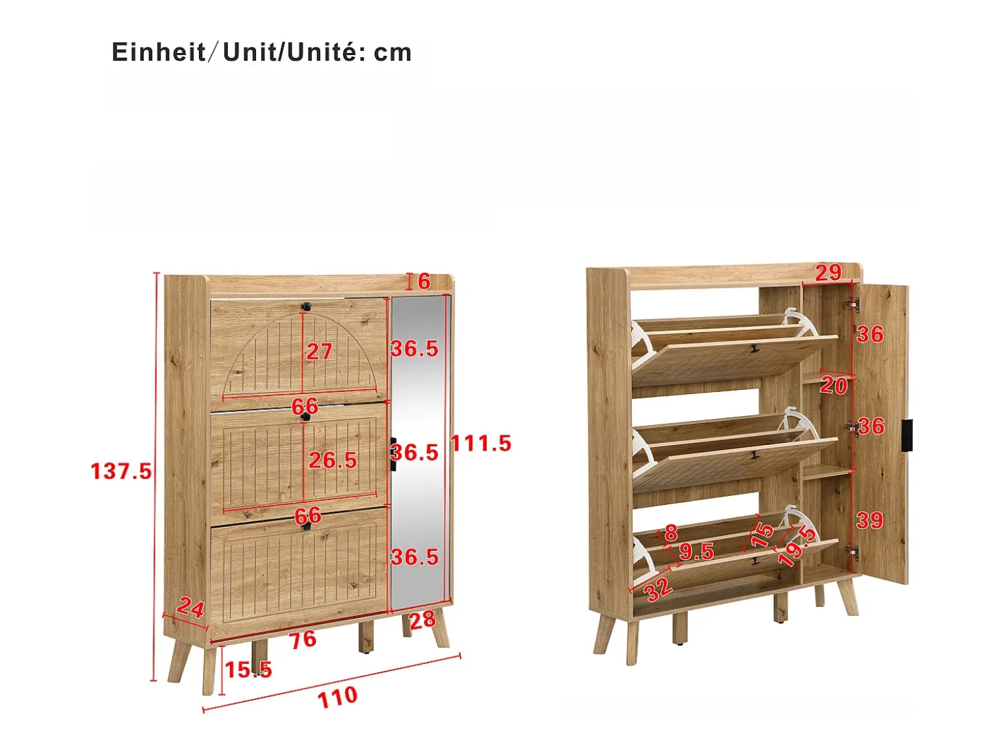 Sapateira com espelho e 4 portas - Madeira MDF - Cor da madeira