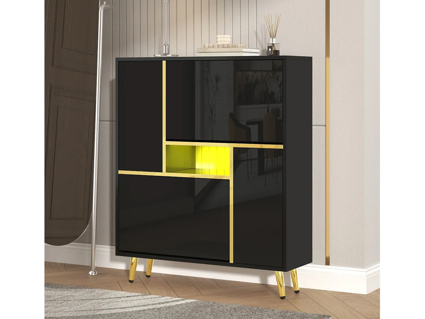 Sapateira com frente brilhante - 80 x 25 x 96 cm - LEDs - Aglomerado - Preto