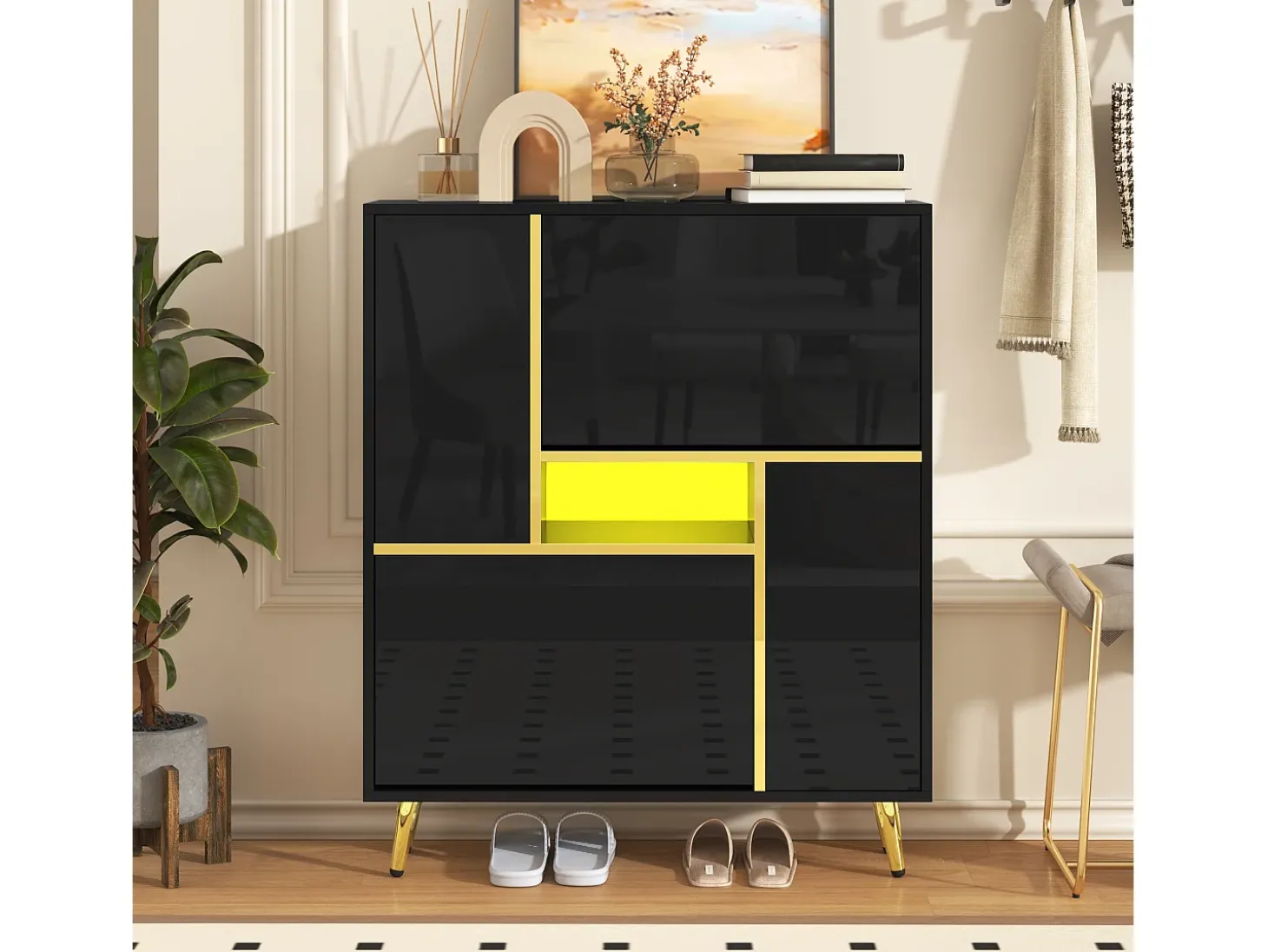 Sapateira com frente brilhante - 80 x 25 x 96 cm - LEDs - Aglomerado - Preto