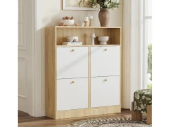 Sapateira de 4 portas - 90 x 24 x 104,5 cm - com prateleiras abertas - para hall de entrada/corredor - MDF - natural + branco