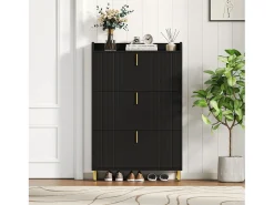 Sapateira de 3 portas - 80 x 23,5 x 123,5 cm - com 6 compartimentos + dispositivo anti-tombamento - MDF - preta