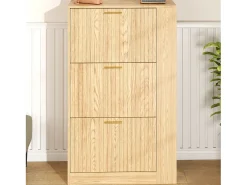 Sapateira de madeira - 70 x 23,5 x 11,5 cm - Design com 3 portas + prateleiras abertas - MDF - cor natural