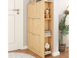 Sapateira de madeira - 70 x 23,5 x 11,5 cm - Design com 3 portas + prateleiras abertas - MDF - cor natural