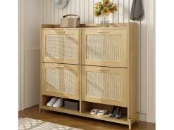 Sapateira de madeira com 4 portas de rattan - 108,5 x 24 x 100 cm - estrutura metálica - MDF - cor natural