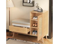 Sapateira de rattan - 95,5 x 35 x 80,5 cm - com porta + almofada para assento + gaveta + espaço de armazenamento aberto - MDF - cor natural