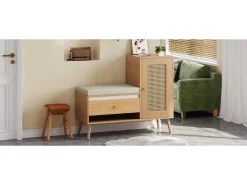 Sapateira de rattan - 95,5 x 35 x 80,5 cm - com porta + almofada para assento + gaveta + espaço de armazenamento aberto - MDF - cor natural