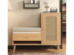 Sapateira de rattan - 95,5 x 35 x 80,5 cm - com porta + almofada para assento + gaveta + espaço de armazenamento aberto - MDF - cor natural