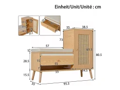 Sapateira de rattan - 95,5 x 35 x 80,5 cm - com porta + almofada para assento + gaveta + espaço de armazenamento aberto - MDF - cor natural