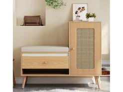 Sapateira de rattan - 95,5 x 35 x 80,5 cm - com porta + almofada para assento + gaveta + espaço de armazenamento aberto - MDF - cor natural