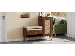 Sapateira de vime - 95,5 x 35 x 80,5 cm - com porta + almofada para assento + gaveta + espaço de armazenamento aberto - MDF - marrom