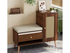 Sapateira de vime - 95,5 x 35 x 80,5 cm - com porta + almofada para assento + gaveta + espaço de armazenamento aberto - MDF - marrom