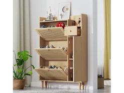 Sapateira em madeira e rattan com 3 portas e 1 gaveta, 90 x 17 x 125 cm Natural