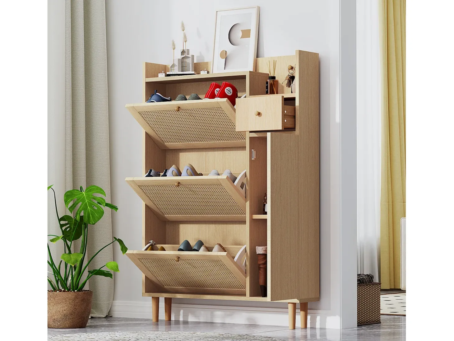 Sapateira em madeira e rattan com 3 portas e 1 gaveta, 90 x 17 x 125 cm Natural