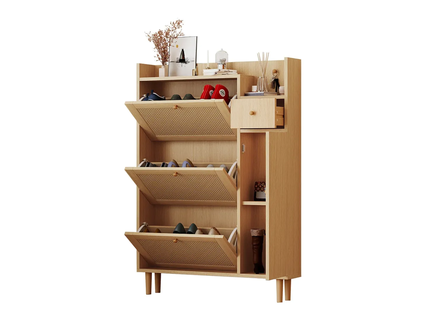 Sapateira em madeira e rattan com 3 portas e 1 gaveta, 90 x 17 x 125 cm Natural