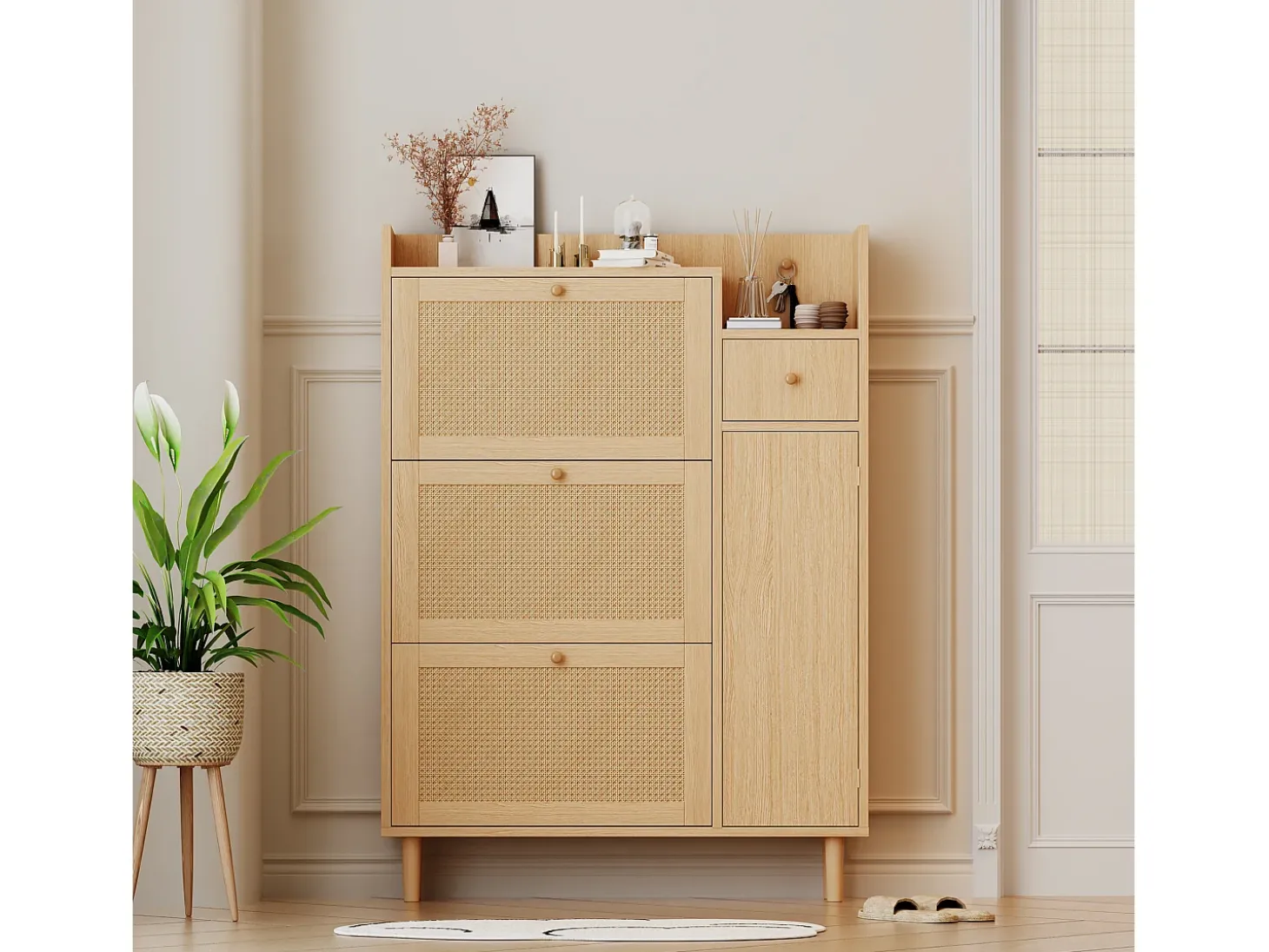 Sapateira em madeira e rattan com 3 portas e 1 gaveta, 90 x 17 x 125 cm Natural