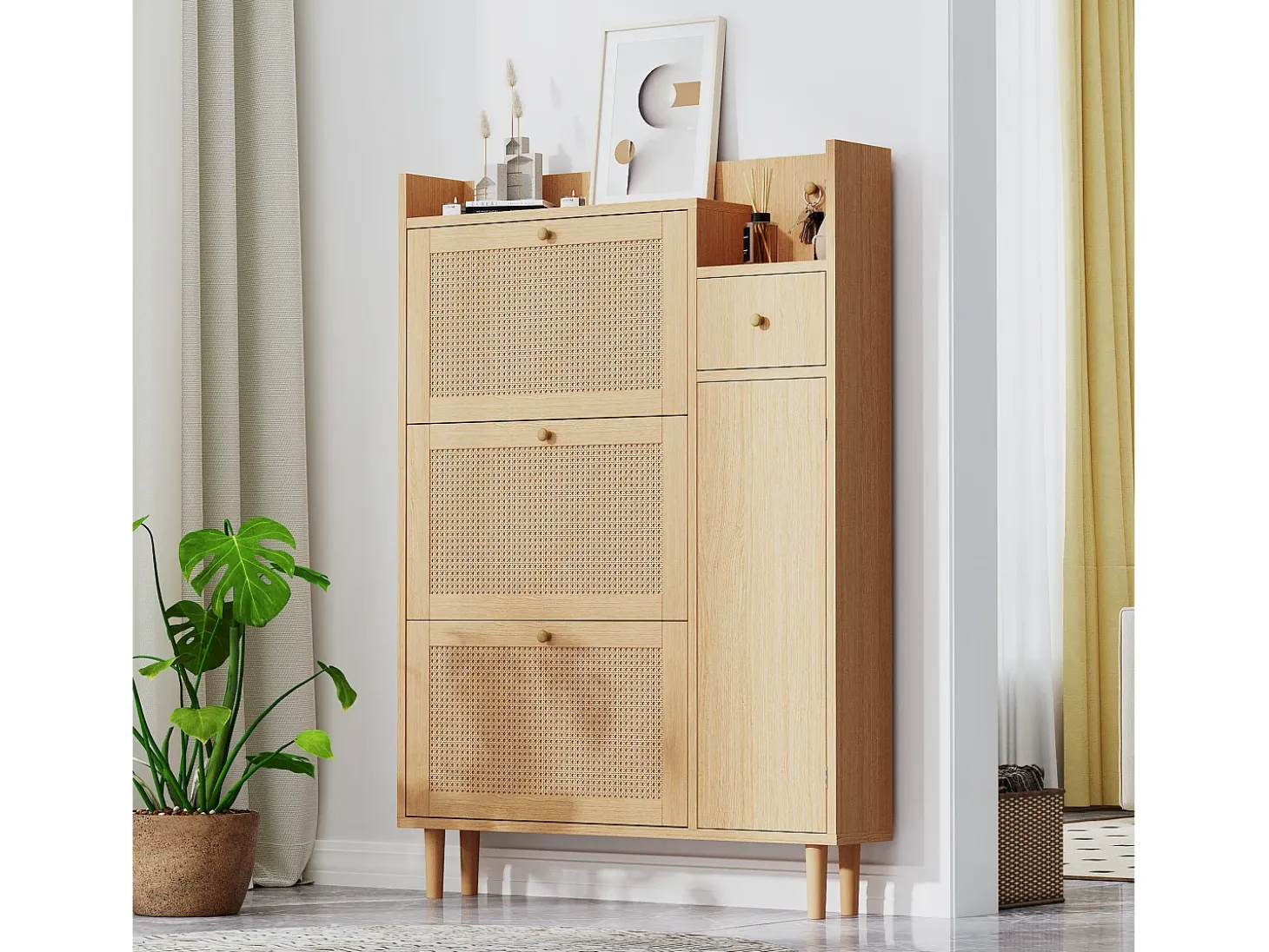 Sapateira em madeira e rattan com 3 portas e 1 gaveta, 90 x 17 x 125 cm Natural