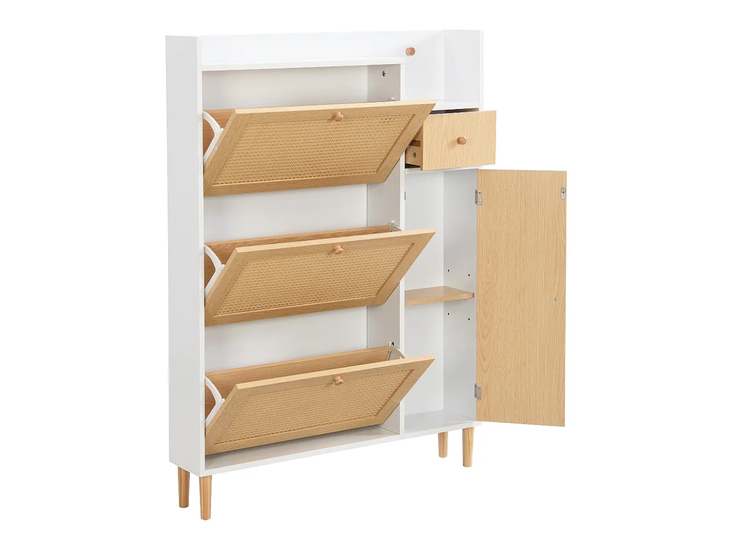 Sapateira em madeira e rattan, 3 portas e 1 gaveta, 90 x 17 x 125 cm, cor natural + branco